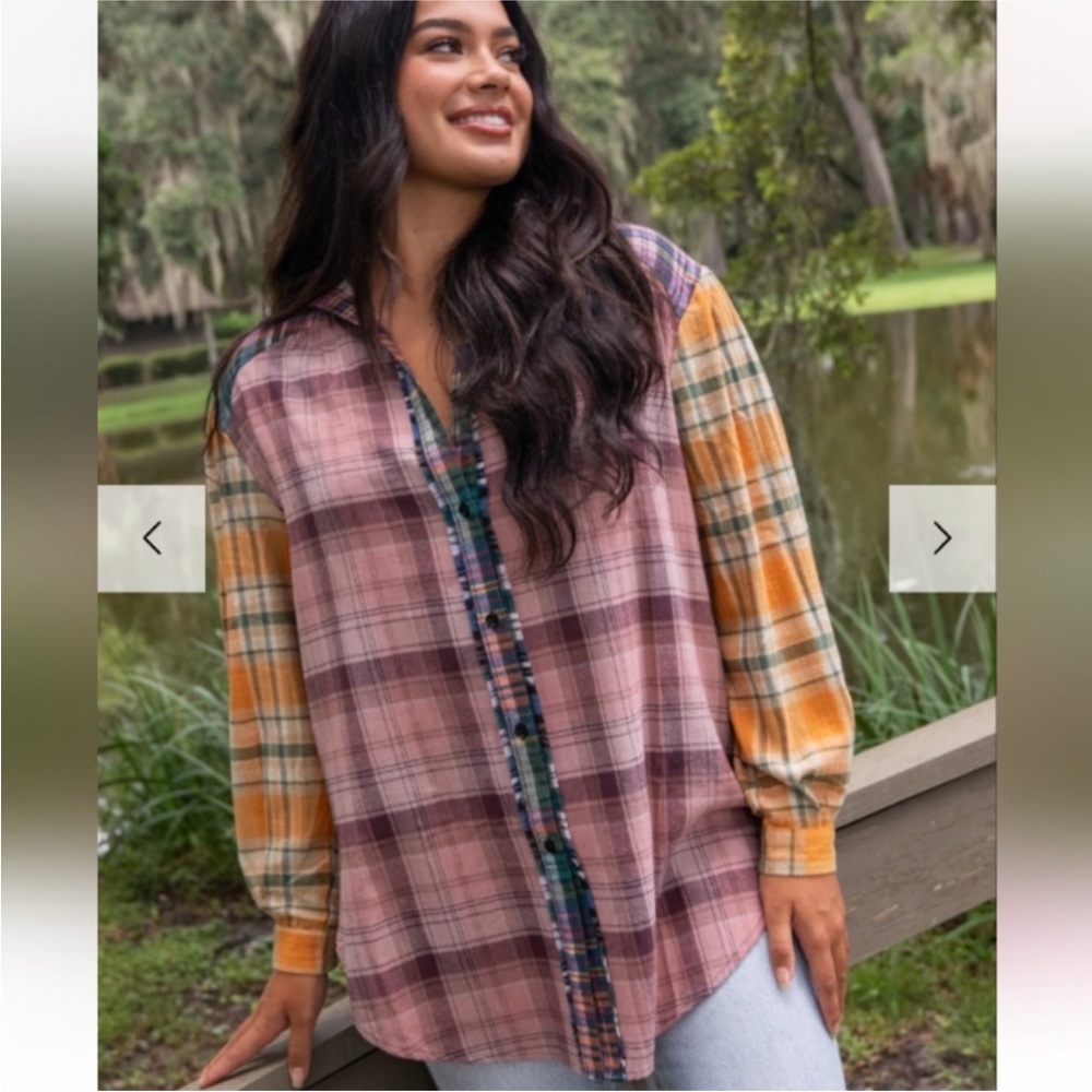 NATURAL LIFE Plaid Button Down Shirt - Pink, Yellow, Green